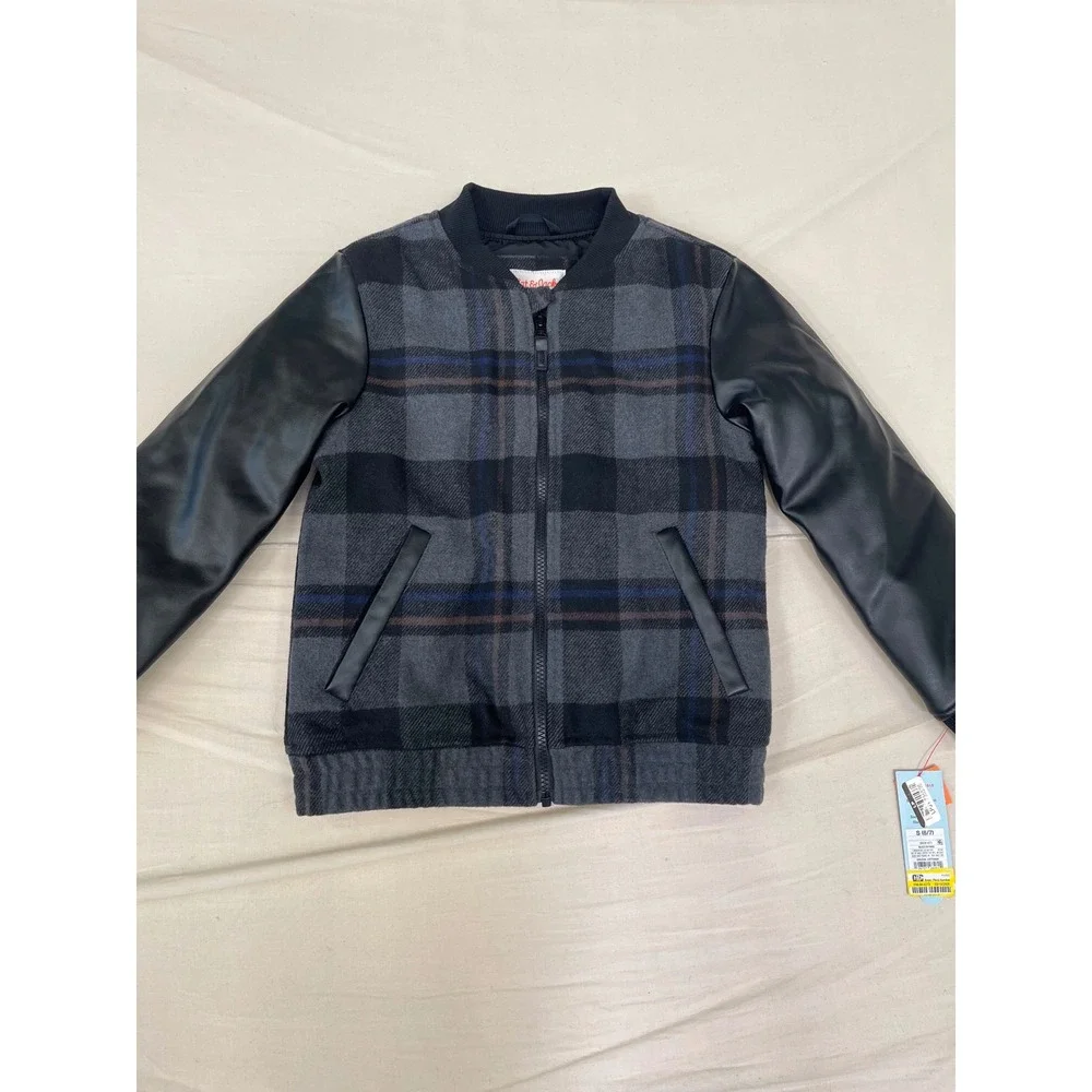 Cat & Jack Boys Plaid Bomber Jacket Black Grey Faux Leather Sleeves Size S 6/7